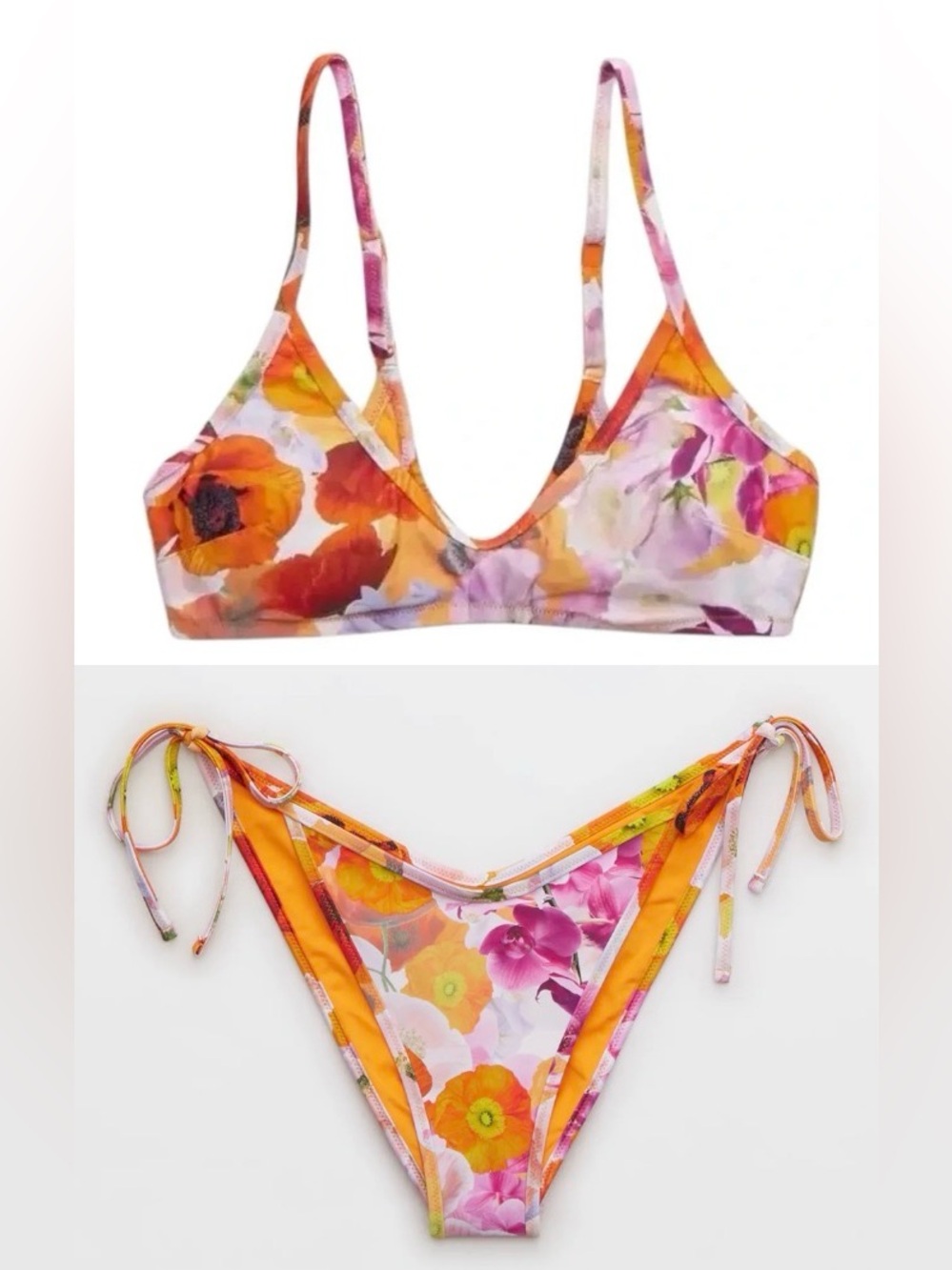 NWT Aerie FULL SET Padded Voop Top + Low Rise Tie Bottoms Orange Floral - S